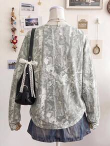 SHEIN EZwear Autumn New Camouflage Branch Print Pattern Round Neck Long Sleeve Loose Fit Suitable For Daily Commute Gathering Night Christmas New Year Sage Green - Multicolor - View 2
