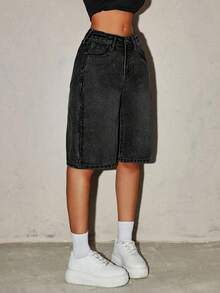 SHEIN Tall 女款休閒時尚街頭風百慕達牛仔短褲，適合日常通勤、夏季，適合高個女性 - 黑色 - 查看 3
