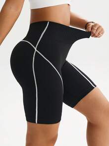 Rhythm Era 1 pieza Pantalones cortos de mujer de talla grande sin costuras con cintura alta y líneas cruzadas para entrenamiento, running, fitness, yoga y ciclismo - Blanco y Negro - Ver 3