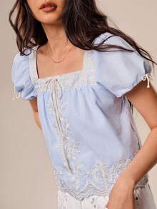 Willow Rêve Women's Blue Embroidered Trim Puff Sleeve A-Line Loose Blouse, Boho Style, Valentine's Day, Romantic Exclusive Style, Sweet Style - Blue - View 4