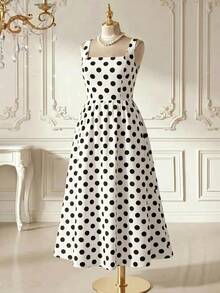 Rometta Vestido vintage de mujer talla grande de verano, nuevo, de gasa, con lunares blanco y negro, cuello cuadrado y cintura con cordón, que estiliza la figura. Adecuado para el uso diario, citas, compras, vacaciones/viajes, playa - Blanco y Negro - Ver 1
