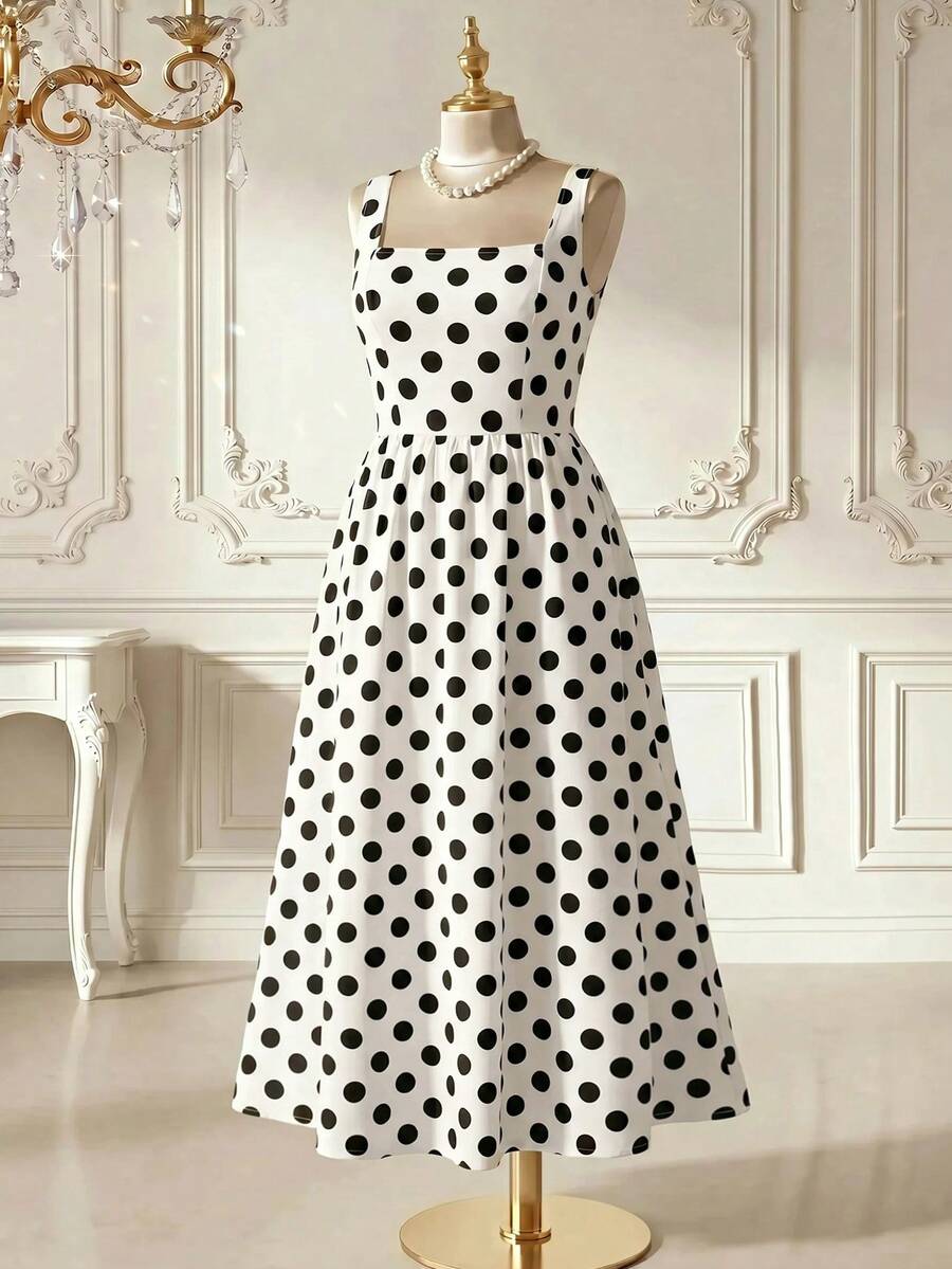 Rometta Vestido vintage de mujer talla grande de verano, nuevo, de gasa, con lunares blanco y negro, cuello cuadrado y cintura con cordón, que estiliza la figura. Adecuado para el uso diario, citas, compras, vacaciones/viajes, playa - Blanco y Negro - Ver 1