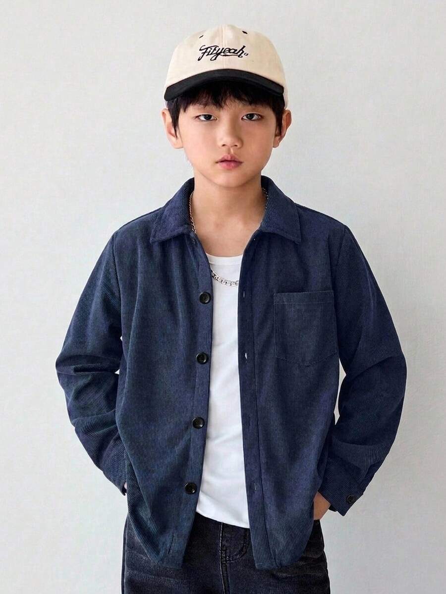 SHEIN Little Byeori 青少年男孩純色單排扣休閒日常穿著襯衫 - 藏蓝色 - 查看 1