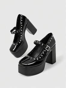 Sugerpunk Women's High-Heeled Thick-Soled Thick-Heeled Sandals, Punk Style, Dark Retro Square Toe, Rivet Circumference Design, Thick-Soled Shoes - Black - View 1
