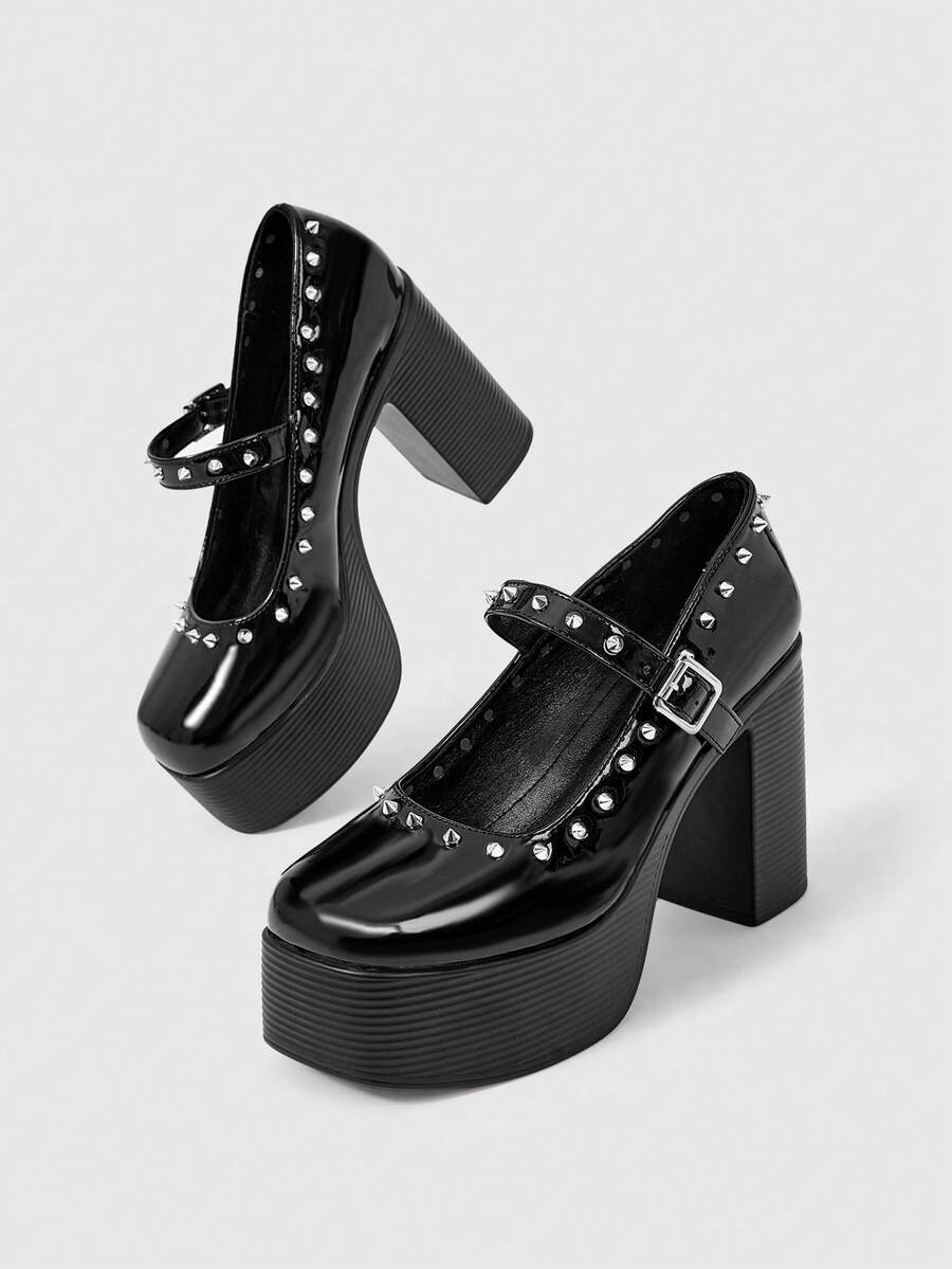 Sugerpunk Women's High-Heeled Thick-Soled Thick-Heeled Sandals, Punk Style, Dark Retro Square Toe, Rivet Circumference Design, Thick-Soled Shoes - Black - View 1