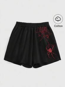 ROMWE Grunge Punk Plus Size Fashion Spider Print Pocket Shorts - Black - View 1