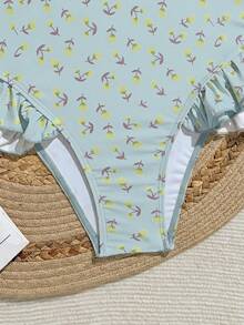 Swim Mod 3件組夏季新款亮面布料亮片刺繡花卉三角比基尼聚攏泳衣 女款海灘度假淺藍色熱帶可愛風 - 藍色 - 查看 6