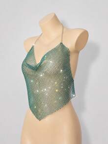 VaVaBold Top de tirantes con superposición de malla de red y tachuelas de strass para ropa de fiesta de vacaciones - Verde Oscuro - Ver 3