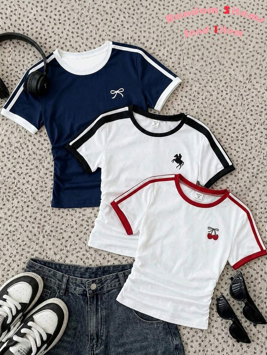 SHEIN Tween Girl Fashionable Minimalist Casual Street Style Ruched Equestrian Print Pink & Green Contrast Color Webbing Trim Cropped Slim Fit Comfortable Round Neck Knit T-Shirt Top Retro Collegiate Colorblock - Royal Blue - View 1