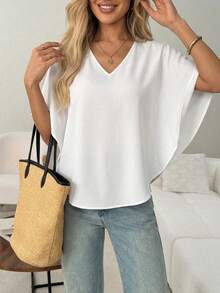 EMERY ROSE Solid Color V-Neck Batwing Sleeve Summer Casual Plus Size Shirt, 3/4 Sleeve Top, Plus Size Shirt - White - View 6