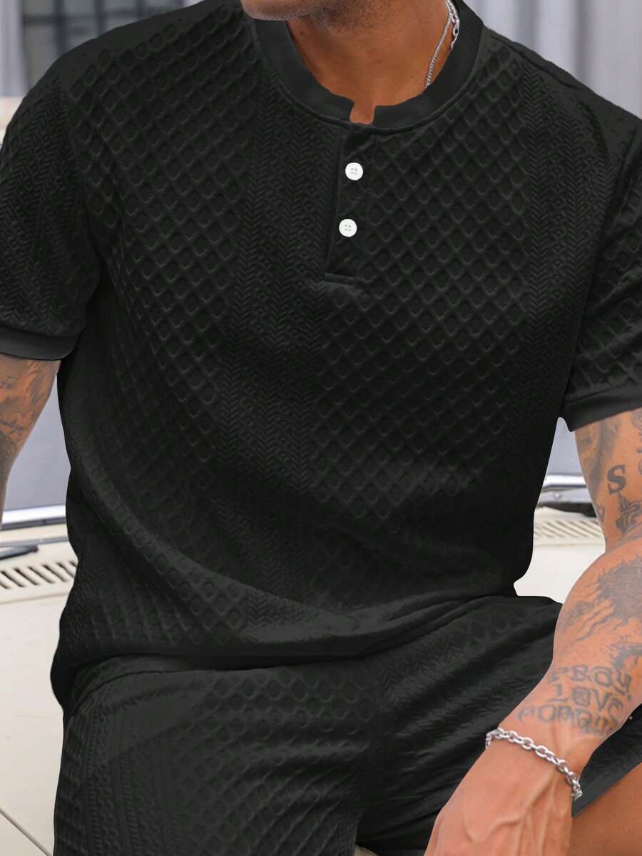 Manfinity CasualCool Men's Summer Textured Short Sleeve Casual Polo Shirt - Black - View 1