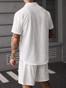 SLATEMANN 男士短袖單排扣襯衫與短褲休閒套裝 - 白色 - 查看 2
