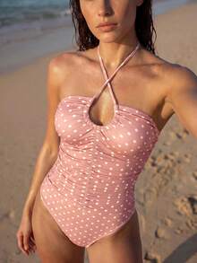 Swim Chiccia 女款波點印花交叉掛脖式連身泳衣 - 彩色 - 查看 3