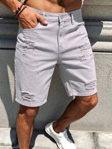 Manfinity LEGND Men's Spring/Summer Streetwear Casual Distressed Ripped Straight Leg Grey Denim Shorts - Grey - View 4
