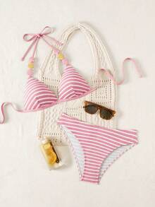 Swim Lushoire Swim Vcay-D 女款純色細肩帶串珠裝飾綁帶三角比基尼兩件套 - 粉色 - 查看 3