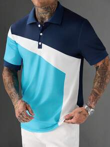 Manfinity Mode Men's Diagonal Colorblock Patchwork Polo Shirt, Summer Collared Polo Shirt - Multicolor - View 4