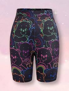 SHEIN X Care Bears 女士卡通印花弹力腰带打底裤 - 黑色 - 查看 1