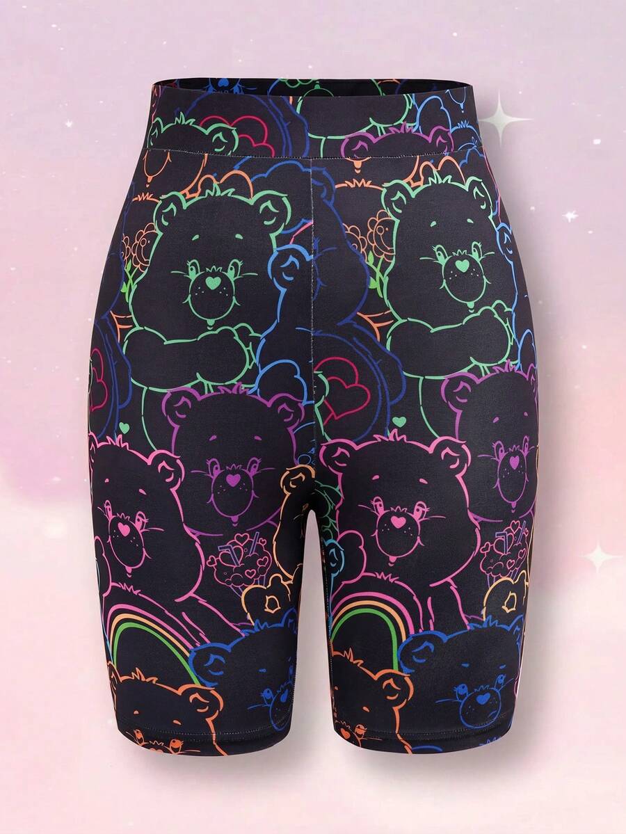 SHEIN X Care Bears 女士卡通印花弹力腰带打底裤 - 黑色 - 查看 1