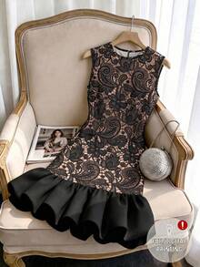 SHEIN Franclia Women's Round Neck Lace Patchwork Color Casual Daily Summer Mini Dress - Black - View 1