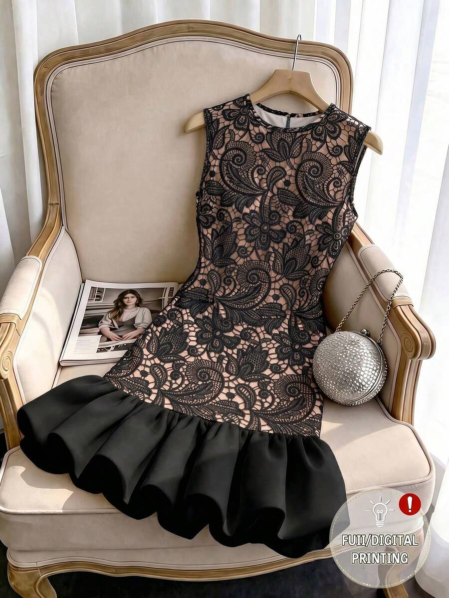 SHEIN Franclia Women's Round Neck Lace Patchwork Color Casual Daily Summer Mini Dress - Black - View 1