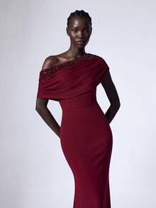 Elitara Elegant Sequin Patchwork Elastic Knit Asymmetric Ruffle Fishtail Maxi Dress, Women's Formal Evening Gown Wedding Party - Burgundy - View 3
