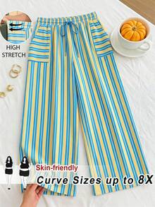 SHEIN CURVE+ 大尺碼女款對比條紋印花休閒寬腿波希米亞風長褲，音樂節穿搭 - 綠色 - 查看 7