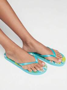 Grefit Sandal Jepit untuk Wanita, Motif Bunga Tropis Musim Panas, Sandal Selop, Sederhana, Sandal Pantai untuk Liburan - lemon hijau - View 7