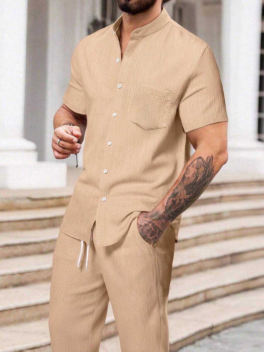 Manfinity Homme Manfinity CasualCool 男士休閒度假短袖襯衫套裝 夏季度假男裝度假穿搭 男士度假服裝 男士度假穿著 假日度假 - 卡其色 - 查看 1