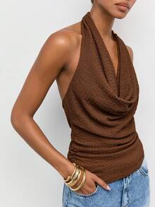 Maija Women's Summer Sexy Elegant Solid Color Cowl Neck Backless Halter Top, Off The Shoulder Top, Going Out Date Night Night Out Outfits Coffee Brown - Brown - View 7