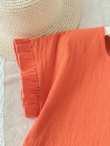 SHEIN 兒童青少年女孩春夏季新款梭織純色短袖T恤與碎花長褲休閒套裝 - 橘色 - 查看 6