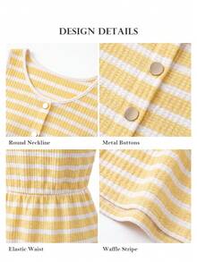 ELLERISSA Plus Size Yellow & White Stripe Round Neck Sleeveless Front Button Waffle Knit Mini Dress - Multicolor - View 7