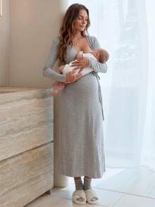 Slowluna Maternity Solid Color Overlap V-Neck Long Sleeve Waist Tie Nursing Dress Fall - Grey - View 3