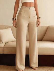 SHEIN Women's Solid Color Casual Versatile Daily Travel Long Pants - Khaki - View 5