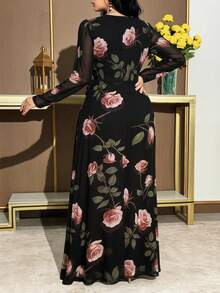 Modelyn 大码女士优雅印花V领褶皱腰身度假连衣裙，适合春、夏、秋季穿着。 - 彩色 - 查看 2