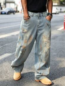 Manfinity EMRG Men's American Street Style Street Wear Paint Splatter Distressed Denim Jeans For Daily Wear Rave Light Blue Autumn - Multicolor - View 7