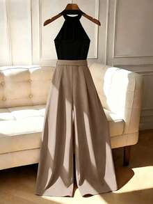 GlowEve Fashionable Elegant Commuter 2 In 1 Cold Shoulder Round Neck Wide Leg Jumpsuit - Khaki - View 2