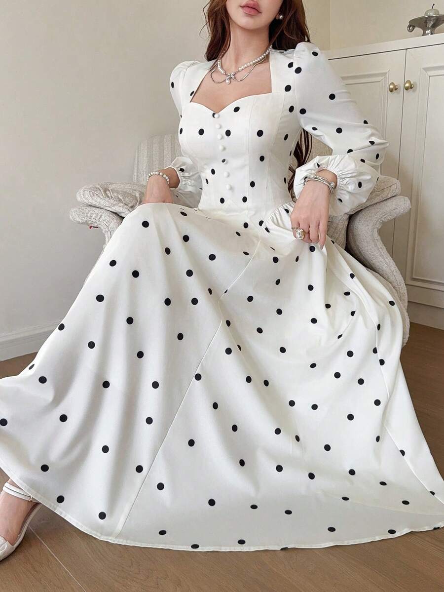 Feyla Women's Polka Dot Puff Long Sleeve Elegant Dress - Multicolor - View 1