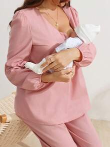 SHEIN 孕婦純色哺乳上衣可調腰帶休閒日常2件套 - 粉色 - 查看 5