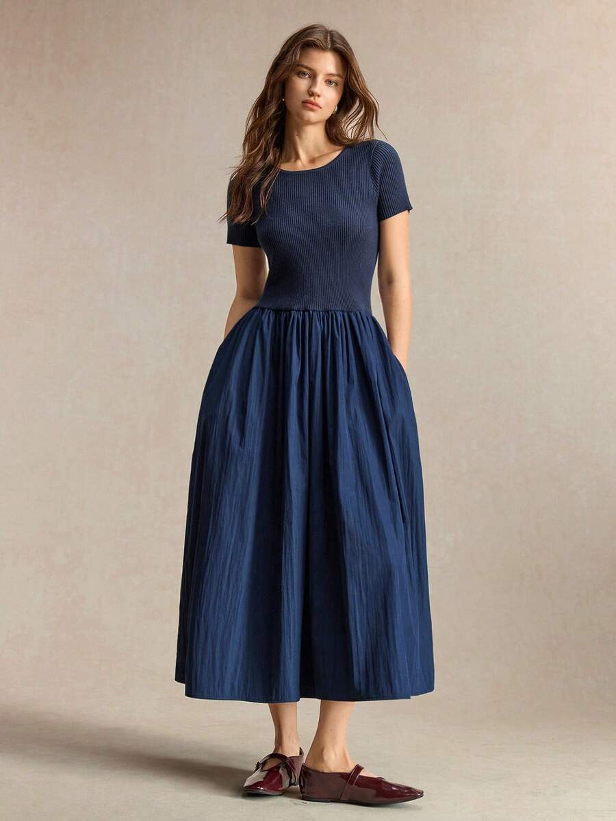 BizChic Women's Navy Blue Knit Ribbed Patchwork Sweater Dress With Side Pockets French Style Elegant Office Brunch Work Commute Business Halloween Autumn - Navy Blue - View 1