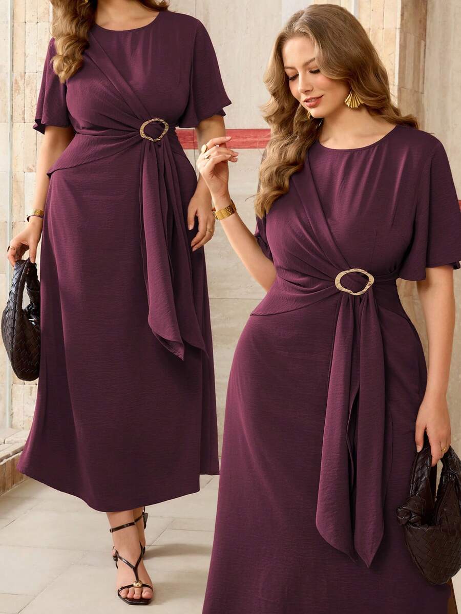 Roveilla Plus Size Women's Spring Autumn Winter French Romantic Sicilian Elegant Casual Commute Vacation Afternoon Tea Party Solid Color Round Neck Cross Tie Metal Buckle Cinched Waist A-Line Long Sleeve Bell Sleeve Maxi Dress - Red Violet - View 1