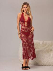 HautHeat 女款性感透視蕾絲露背掛脖式睡裙 - 紅色 - 查看 3