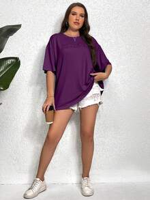 Shapeblank Kaos Plus Size Motif Huruf Bordir Bahu Jatuh Ukuran Besar untuk Anak Perempuan Warna Ungu - Violet Purple - View 5