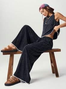 Bohemela Casual Fringe Solid Color Knit Tank Top Long Pants 2 Pieces Set For Women Everyday Lounge White Summer - Black - View 1