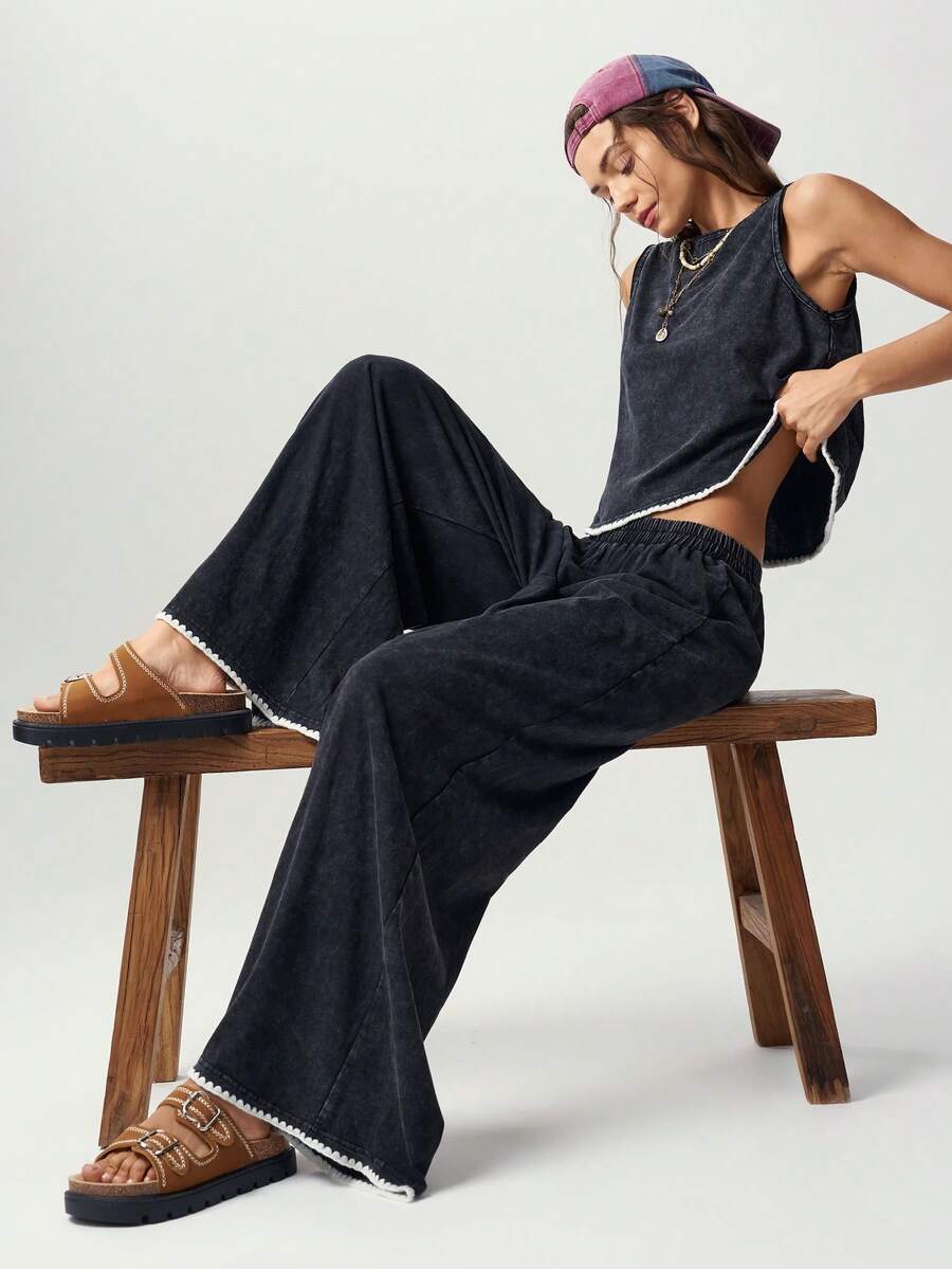 Bohemela Casual Fringe Solid Color Knit Tank Top Long Pants 2 Pieces Set For Women Everyday Lounge White Summer - Black - View 1