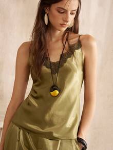 MOTF PREMIUM WOMEN'S EARLY AUTUMN LACE TRIM SPLICED SATIN CAMISOLE - Green - View 4