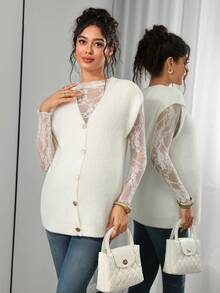 SHEIN Maternity Sweater Vest, Loose Fit, V-Neck With Metal Button, Fluffy Texture, Solid Color Knit, Casual Elegant Everyday Wear, Autumn White - White - View 1