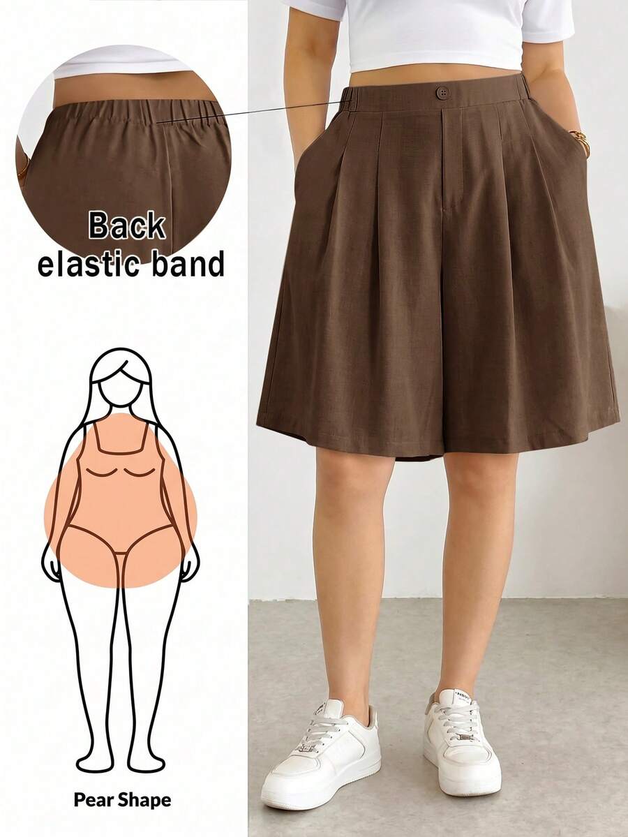 Shapeblank 大尺碼女款純色百褶口袋寬腿寬鬆短褲