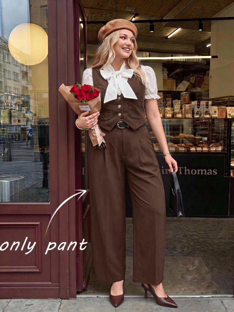 SHEIN MOD Pantalones retro de pierna ancha para mujer talla grande con cinturón de cuero color caqui para otoño/invierno - Marrón - Ver 1