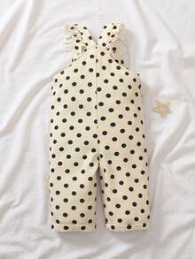 SHEIN Vintaside Kids 1件女嬰復古奶油白配黑色波點牛仔休閒可愛吊帶褲，荷葉邊肩帶，大口袋，寬鬆大腿褲管，適合外出、派對、返校 - 黑與白 - 查看 2