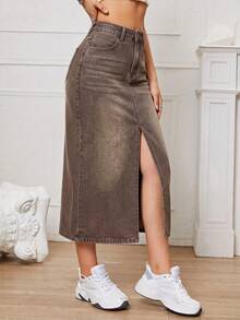SHEIN EZwear 休閒水洗開衩下擺牛仔裙 - 摩卡棕 - 查看 6